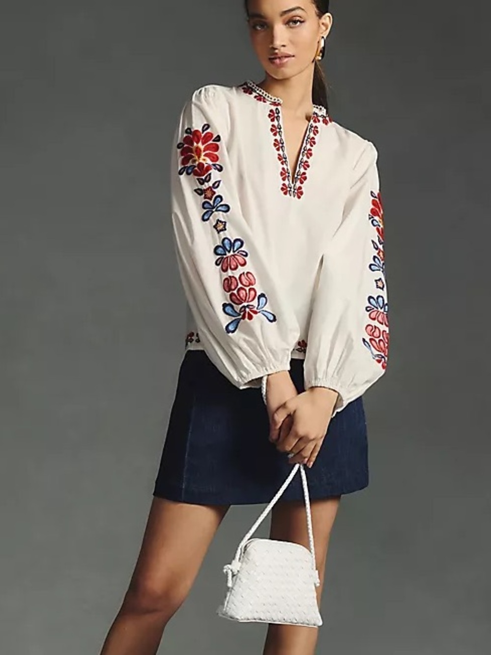 Anthropologie x Farm Rio XS white embroidered peasant blouse
